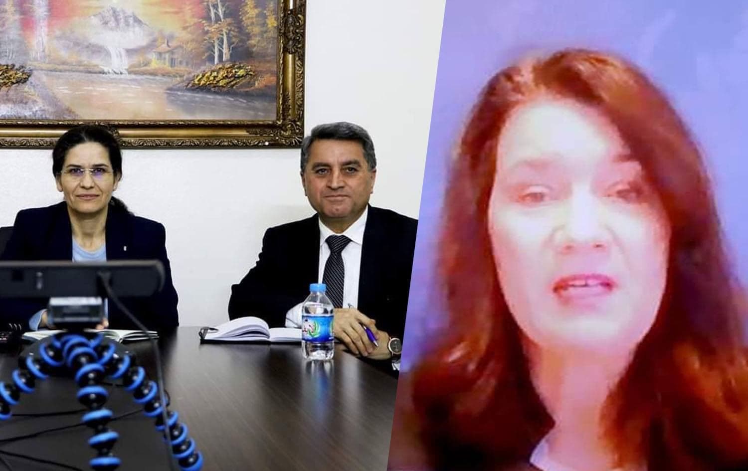 Swedish FM Ann Linde met with Rojava officials at a meeting on Tuesday. Photo: Abdulkarim Omar twitter account. Graphic: Mehmed Alsafar/Rudaw