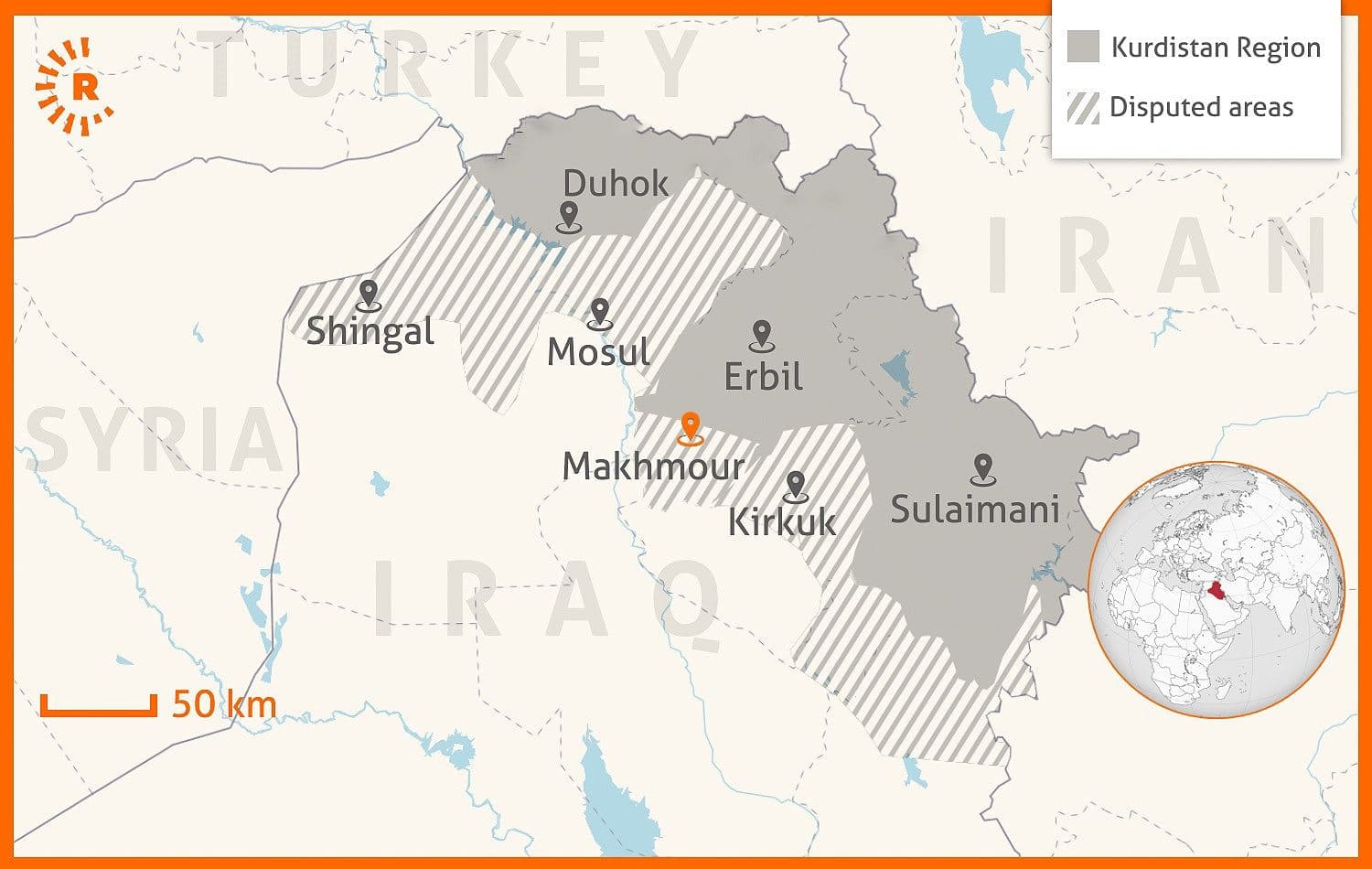 Makhmour lies within territory disputed between the KRG and the federal government in Baghdad. Graphic: Maps4news, Sarkawt Mohammed / Rudaw