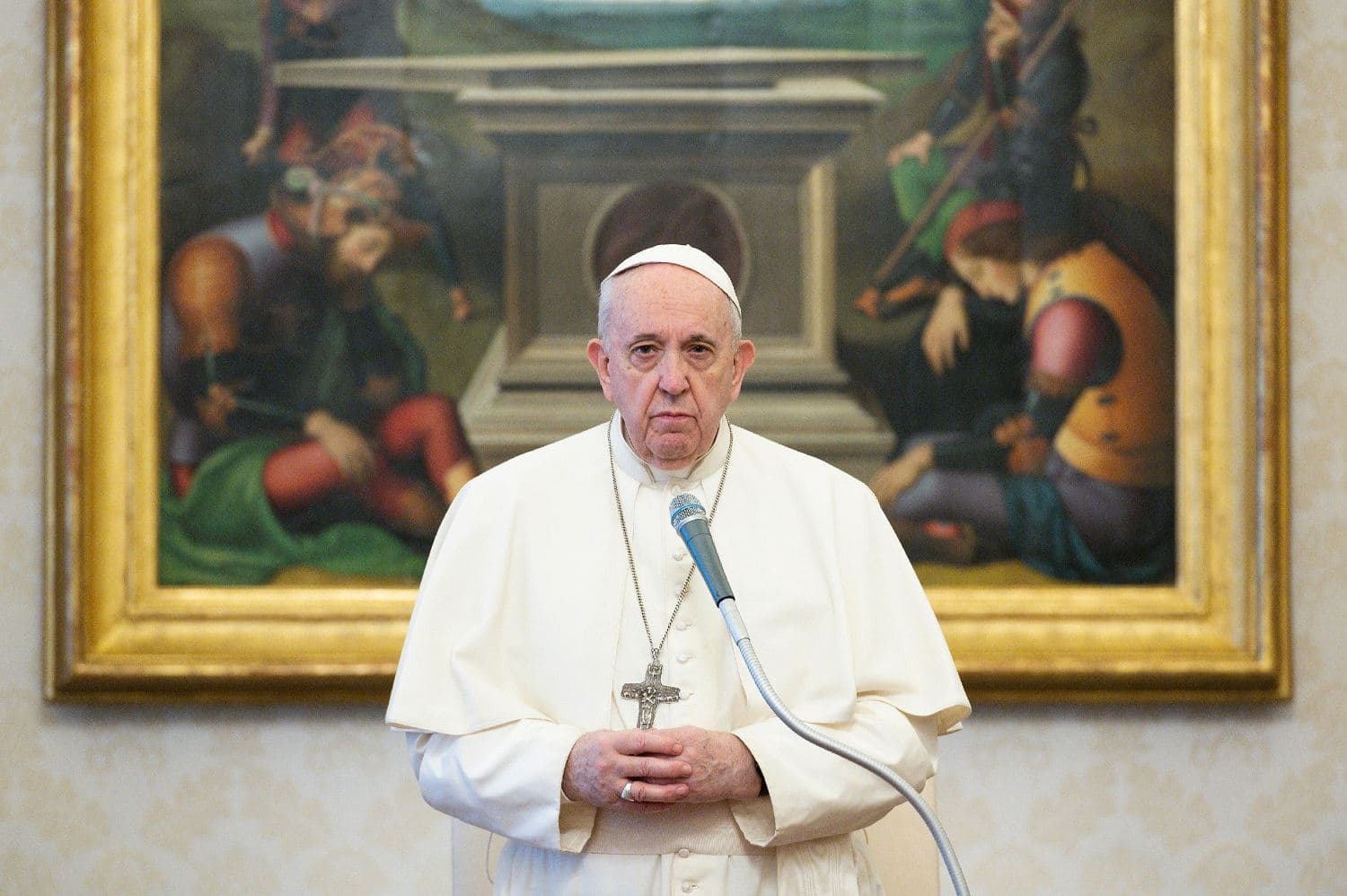 This photo taken and handout on December 2, 2020 shows Pope Francis holding a weekly private audience in live streaming in the library of the apostolic palace in The Vatican during the COVID-19 pandemic caused by the novel coronavirus. Photo: Handout / VATICAN MEDIA / AFP