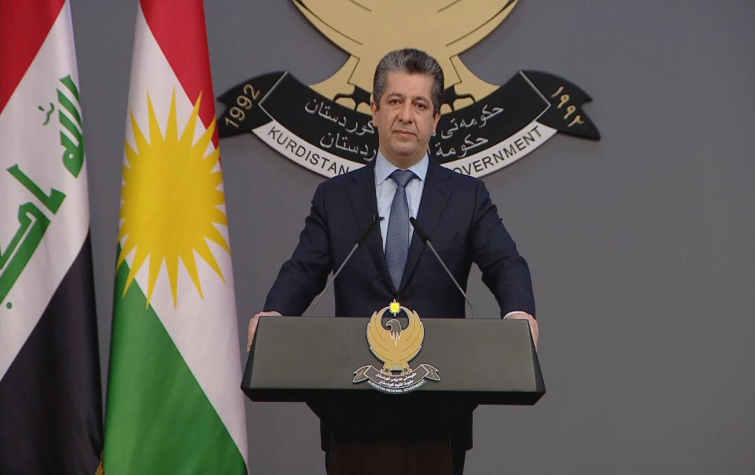 Prime Minister Masrour Barzani in a press conference in Erbil. December 9, 2020. Photo: Rudaw