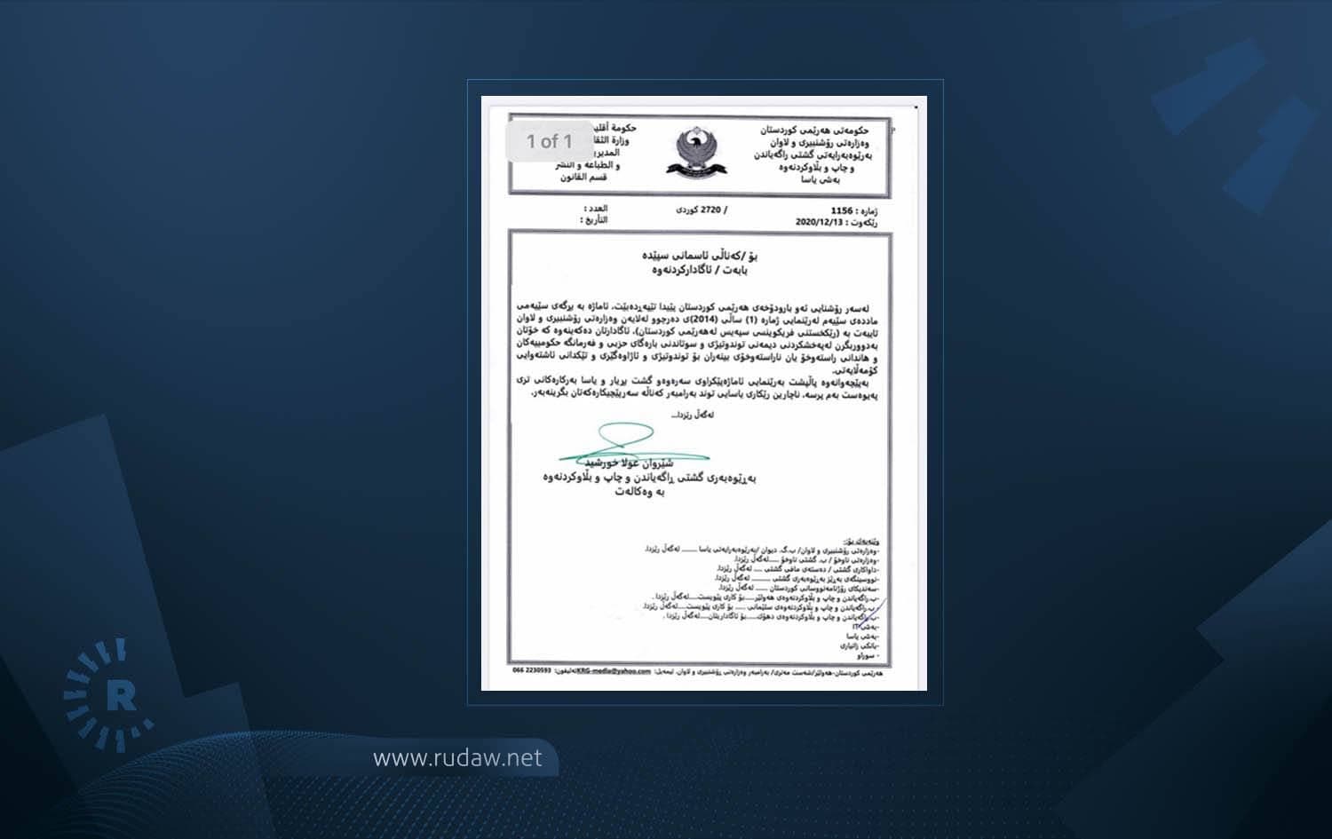 The order sent to Rudaw on December 13, 2020. Graphic: Rudaw