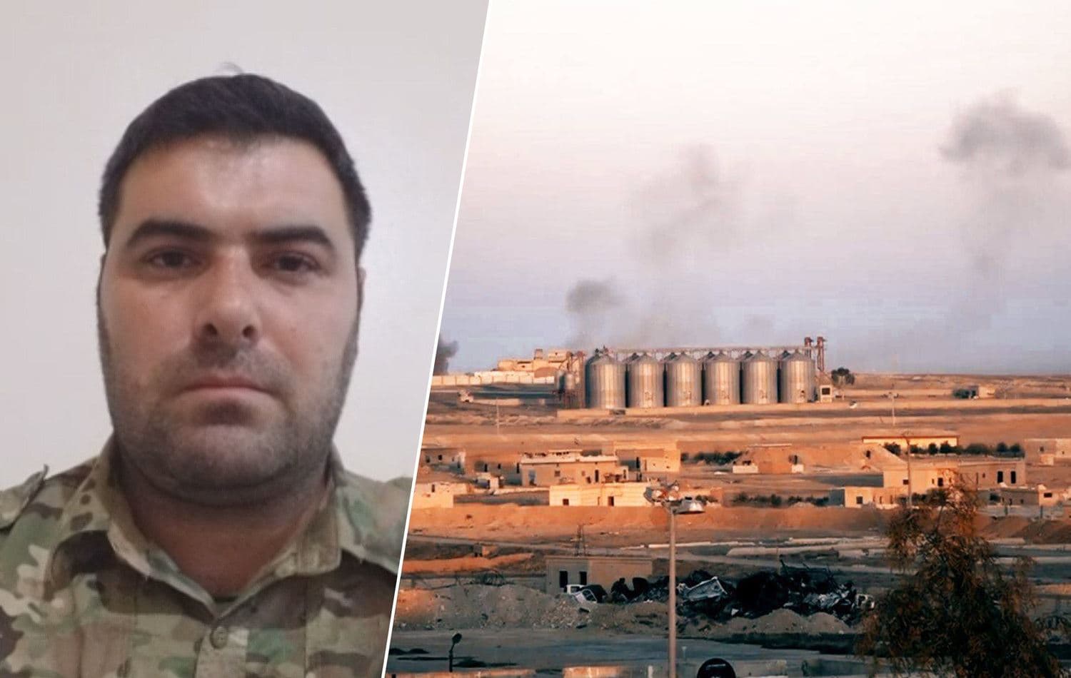 Composite photo: Left: Gabriel Kino, SDF spokesperson, speaks to Rudaw TV. Photo: Rudaw; Right: Turkish bombardment in Ain Issa on December 18, 2020. Photo: ANHA