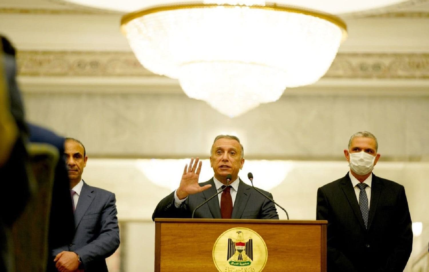 Iraqi prime minister Mustafa al-Kadhimi speaks at a press conference in Baghdad on December 21, 2020. Photo: Iraqi Prime Minister's Office 