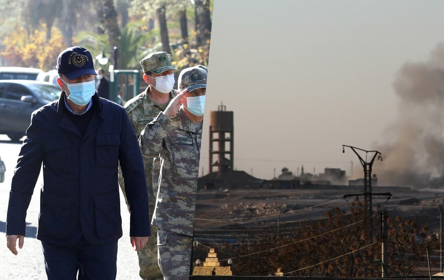 Turkish defense minister [left] and the Wednesday bombardment of Ain Issa. Photos: Turkish defense ministry and ANHA