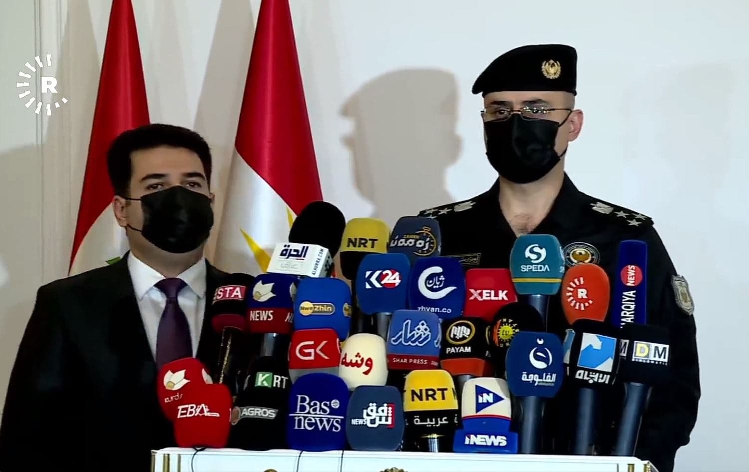 Acting Erbil Governor, Hemin Qadir (left) and Director of Erbil Police, Brigadier-General Dler Najar (right) in a press conference revealing crimes committed in 2020 in Erbil. January 17, 2021. Photo: Rudaw / screenshot