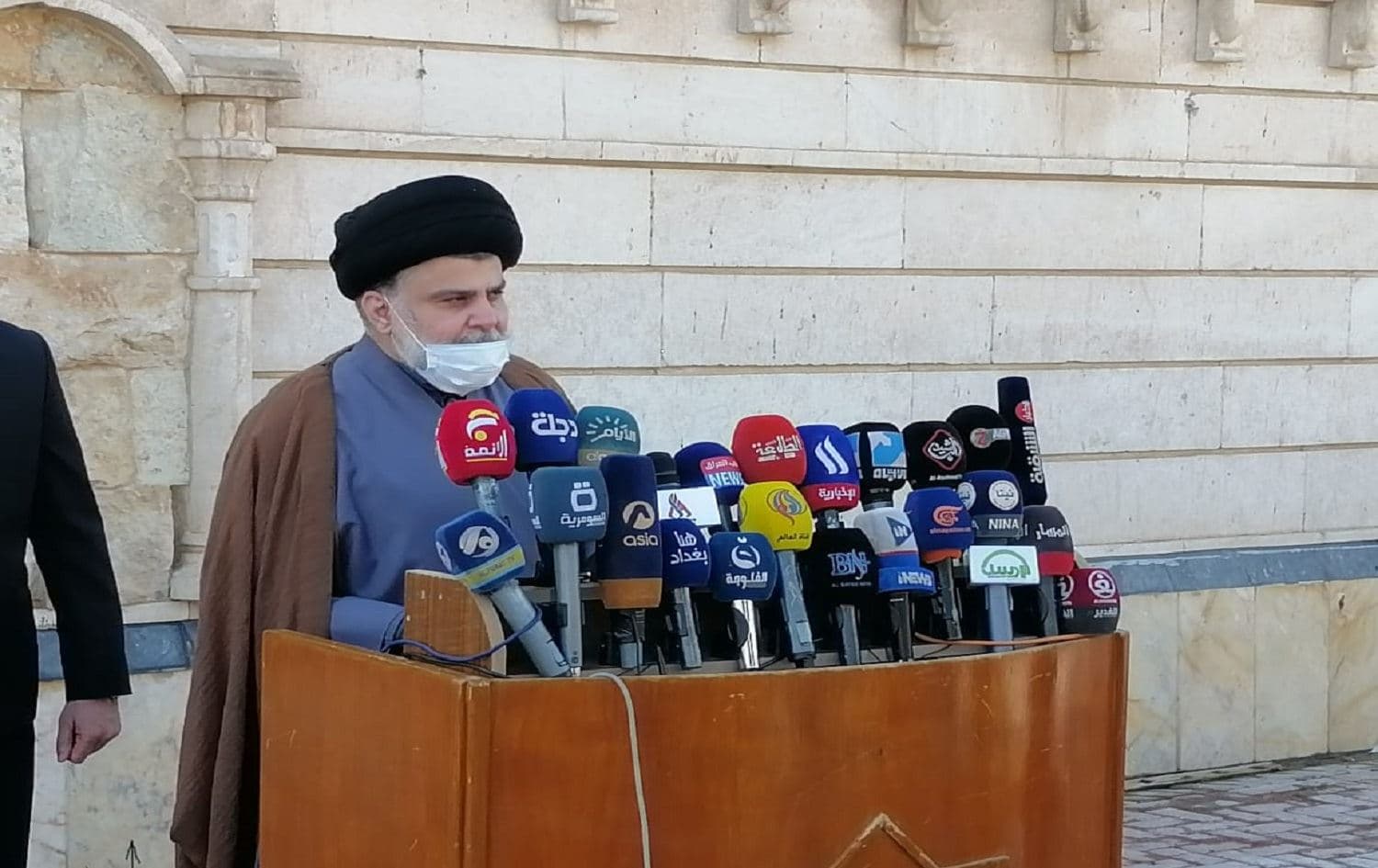 Muqtada al-Sadr speaks at a press conference in Baghdad on Wednesday. Photo: state media