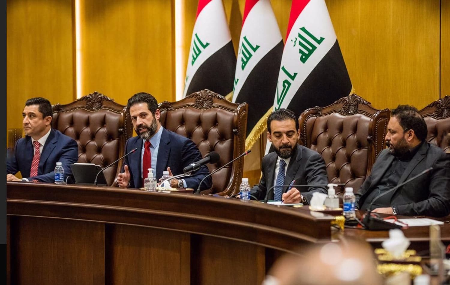 Kurdistan Regional Government's (KRG) Deputy Prime Minister Qubad Talabani (second left) speaks during budget negotiations with Iraqi lawmakers, including Parliament Speaker Mohammed al-Halbousi (second right) in Baghdad on December 16, 2020. Photo: handout/KRG