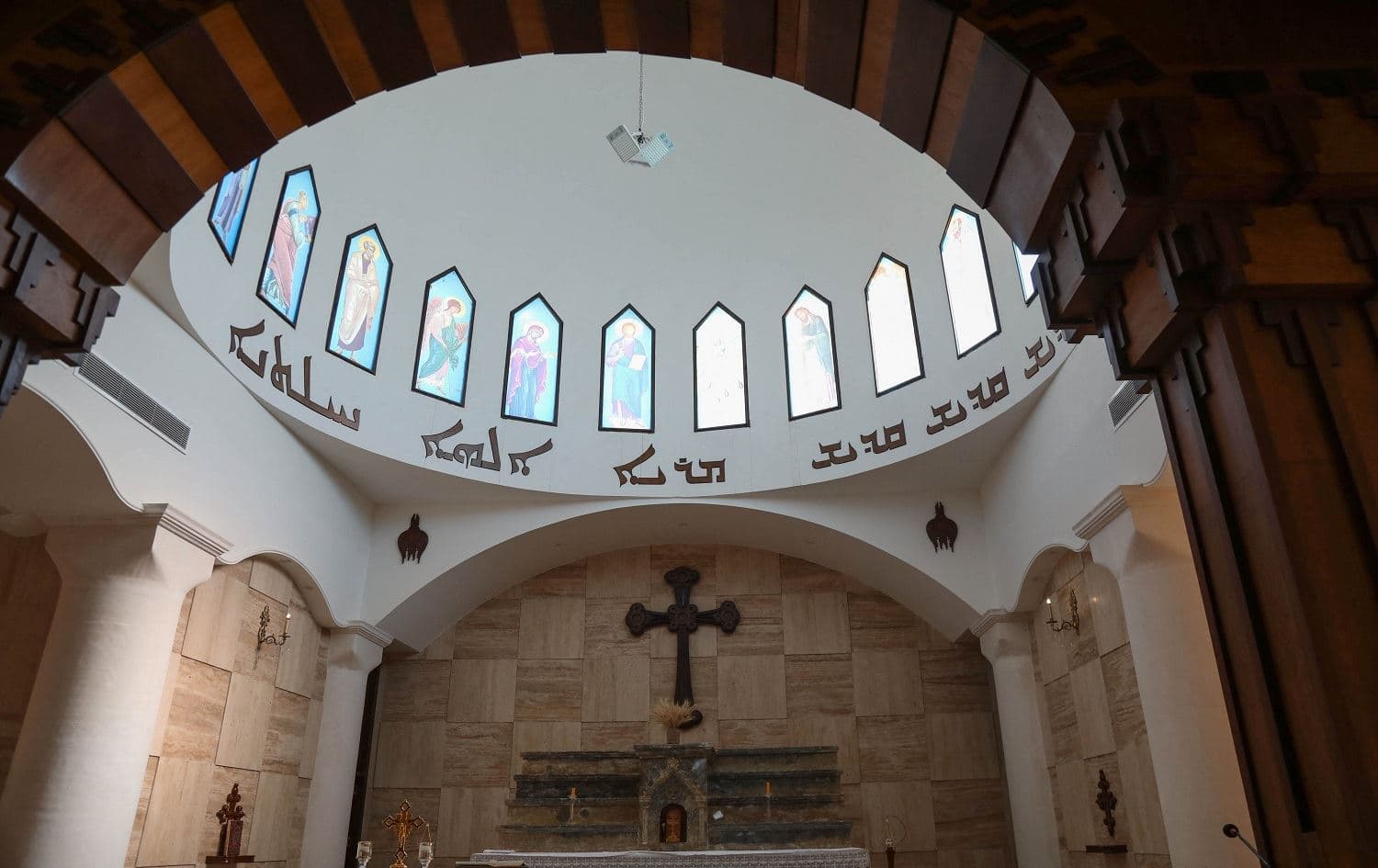 This picture shows a partial view inside the church of Mar Addai in Karamlesh, a town near the northern city of Mosul, on February 2, 2021. Photo: Safin Hamed/ AFP