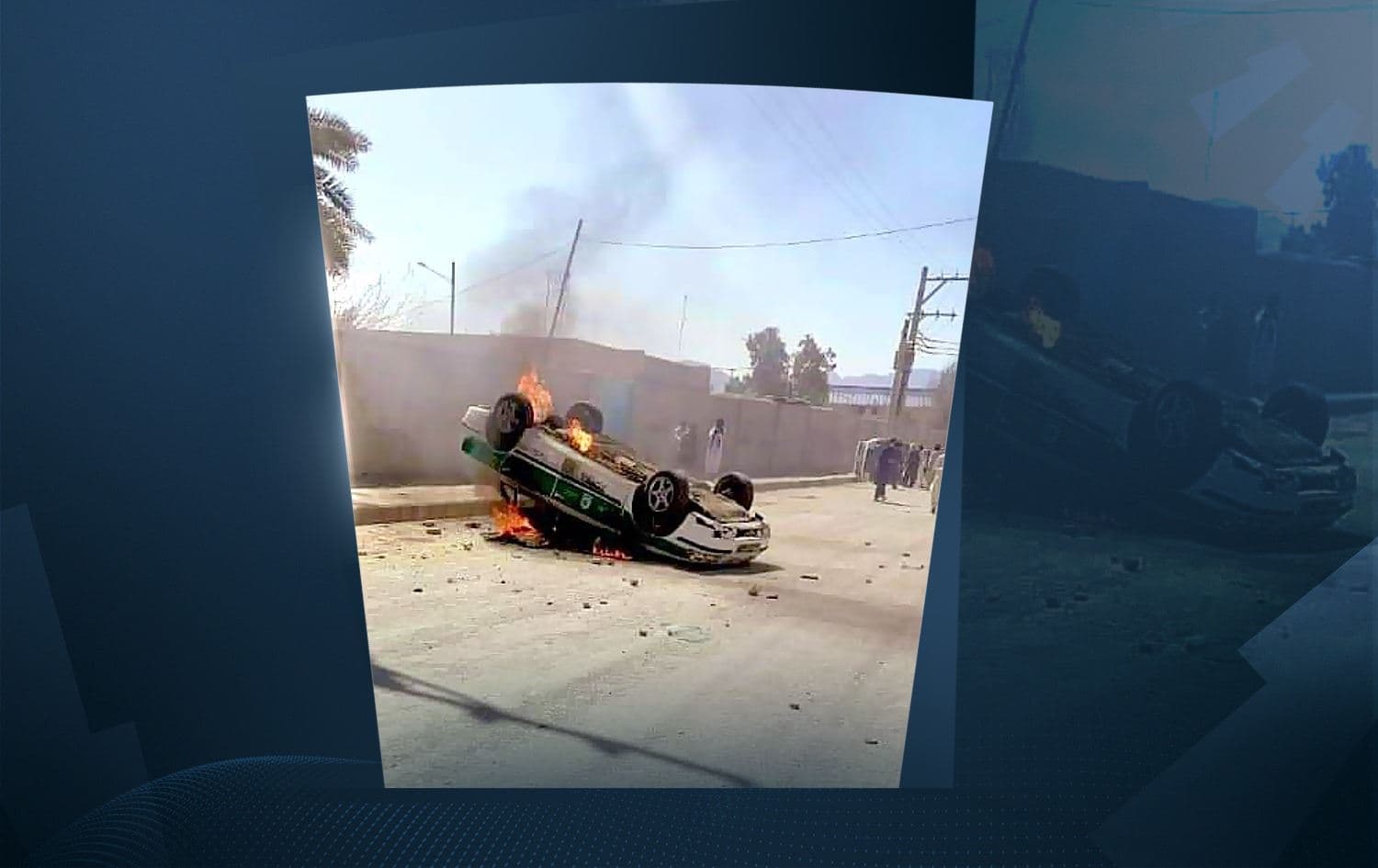 A police vehicle has been burned in Tuesday's protests, according to social media. Photo: social media