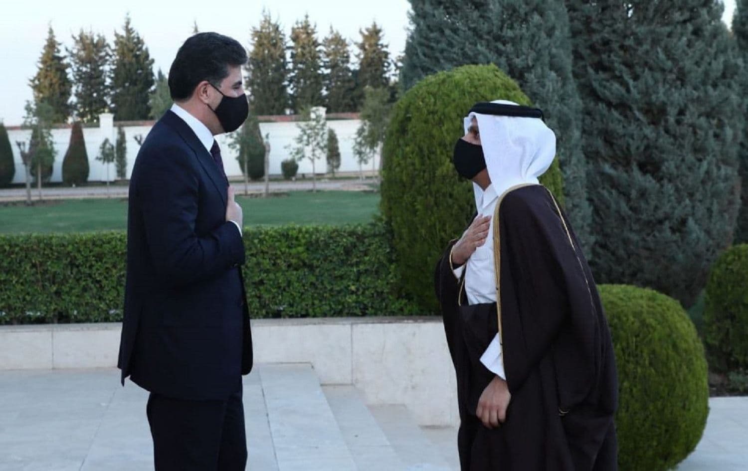 President of the Kurdistan Region Nechirvan Barzani (left) and Qatar’s Deputy Prime Minister and Foreign Minister Mohammed bin Abdulrahman al-Thani (right) meet in Erbil on March 24, 2021. Photo: handout/Kurdistan Region Presidency