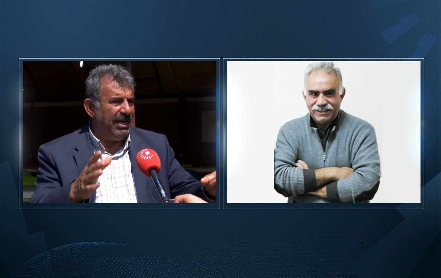 [From left] Mehmet Ocalan speaking to Rudaw and a file photo of Abdullah Ocalan photographed in prison. Graphic: Abdulbasit Ibrahim/Rudaw
