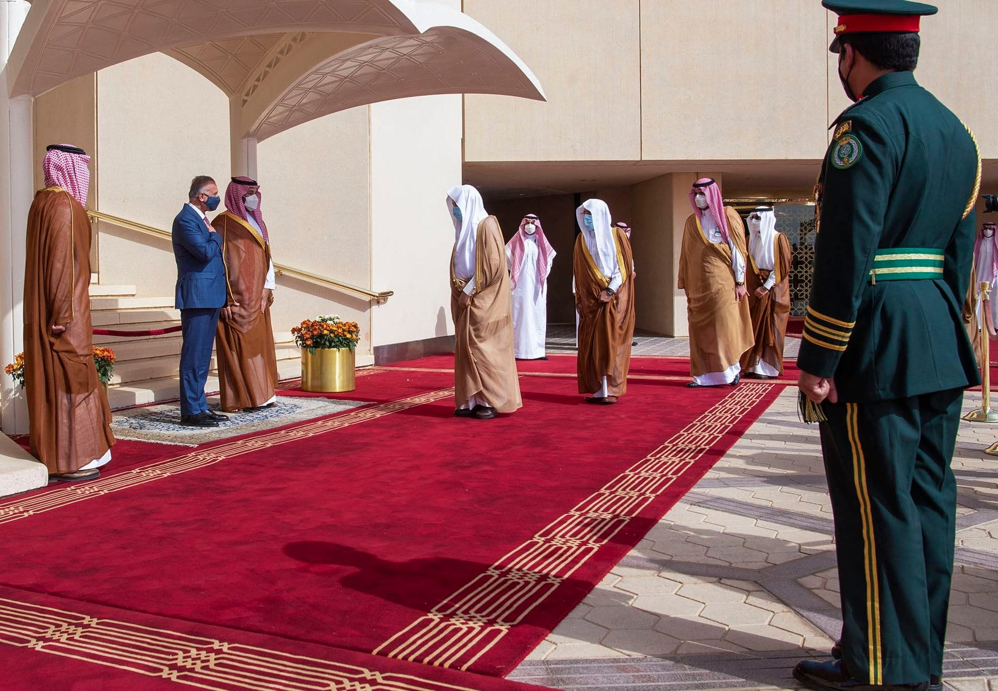 Crown Prince Mohammed bin Salman and Iraqi PM Mustafa al-Kadhimi greet officials in the capital Riyadh. Photo: Bandar al-Jaloud/Saudi Royal Palace/AFP