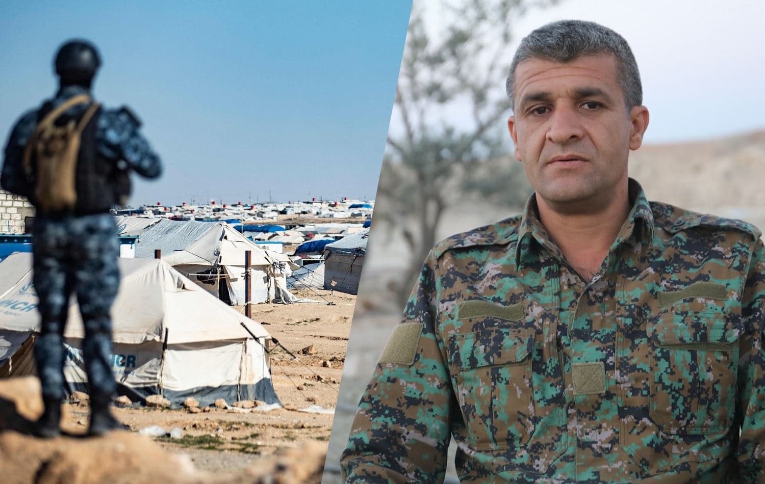 From left: Member of Kurdish security forces watch on al-Hol camp, and YPG spokesperson Nuri Mahmoud. Photos: AFP and ANHA