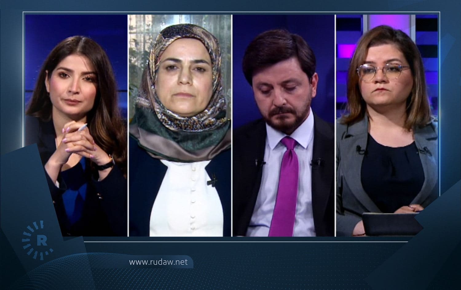 From left: Rudaw presenter Shahyan Tahseen, Sulaimani provincial councilmember Khadija Abduljabbar, Head of the Independent Human Rights Commission communications Sleman Mohsin, and member of parliament’s Social Affairs and Protection of Human Rights Committee Shadi Nawzad. April 4, 2021. Photo: screenshot / Rudaw