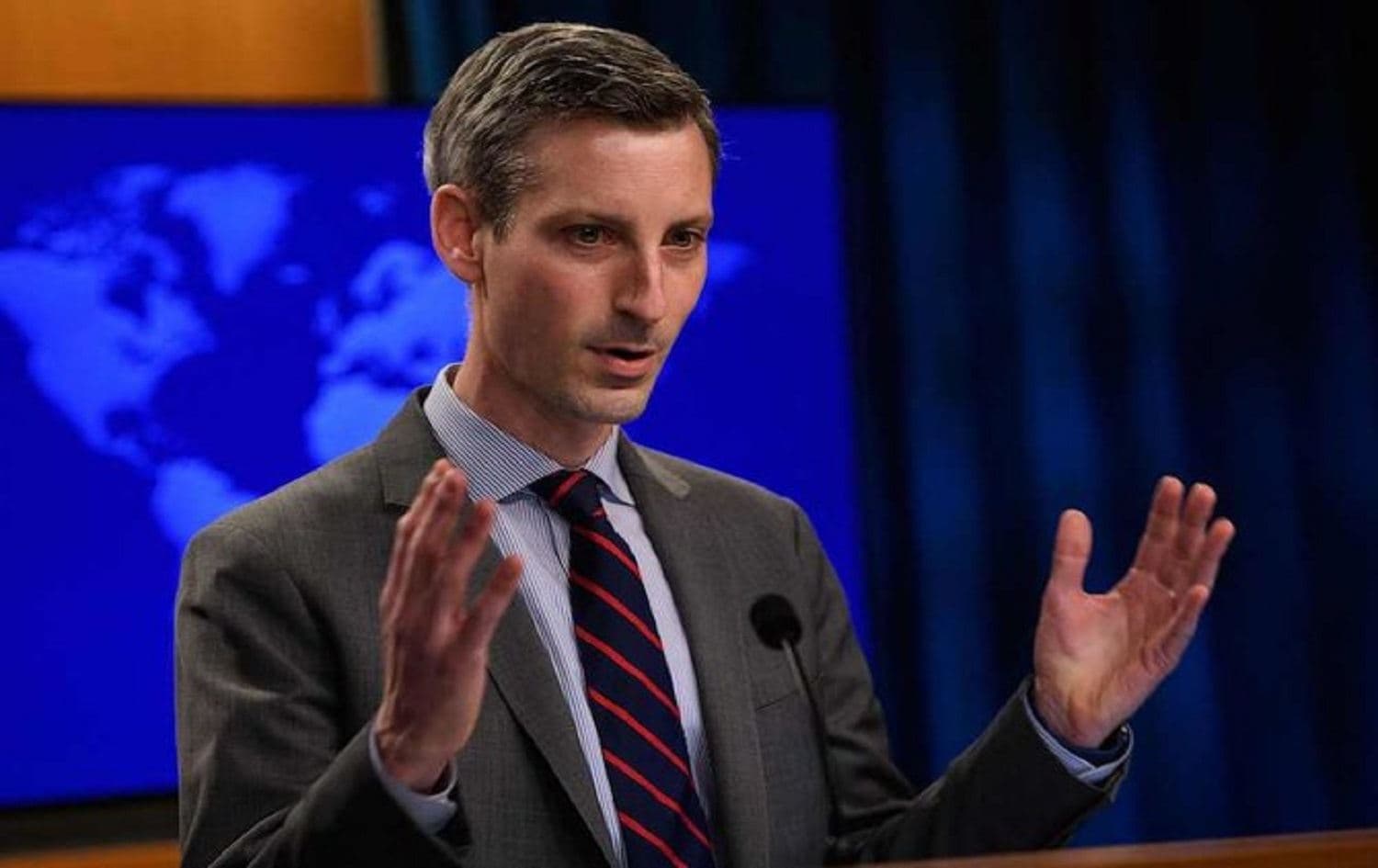 US State Department spokesman Ned Price speaks during daily press briefing at the State Department in Washington, DC, on Feb. 22, 2021. Photo: AFP