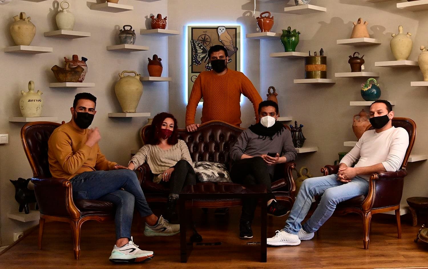 Syrian journalists pose in the office of Baynana bilingual media outlet in Madrid on April 9, 2021. Photo: Javier Soriano/AFP