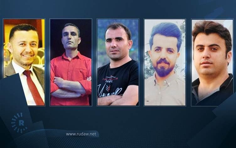 Activists and journalists sentenced to six years prison. From left: Shvan Saeed, Ayaz Karam, Guhdar Zebari, Hariwan Issa, and Sherwan Sherwani. Photos: social media