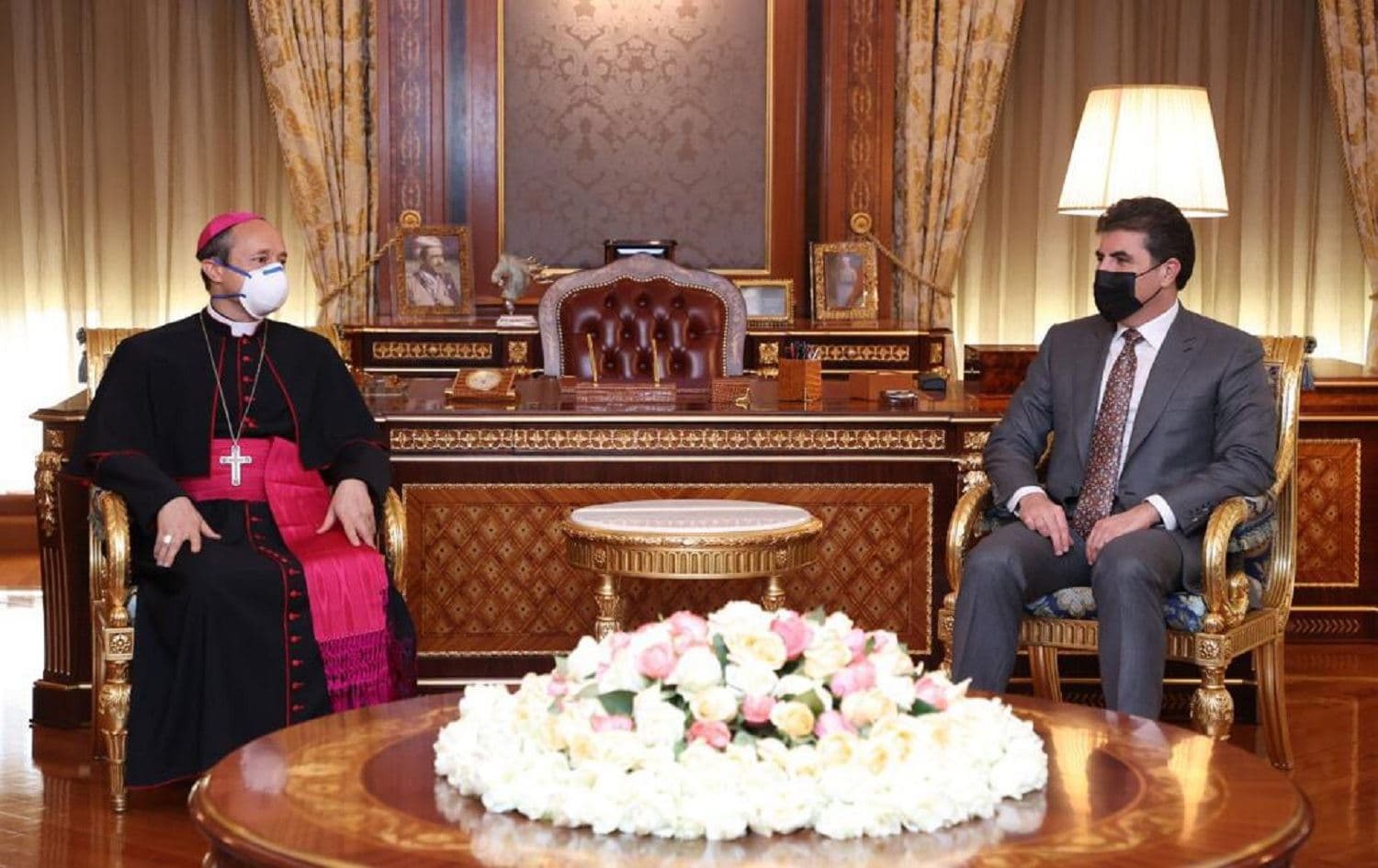 Kurdistan Region President Nechirvan Barzani meets with the Vatican Ambassador to Iraq Mitja Leskovar in Erbil on April 28, 2021. Photo: Presidency