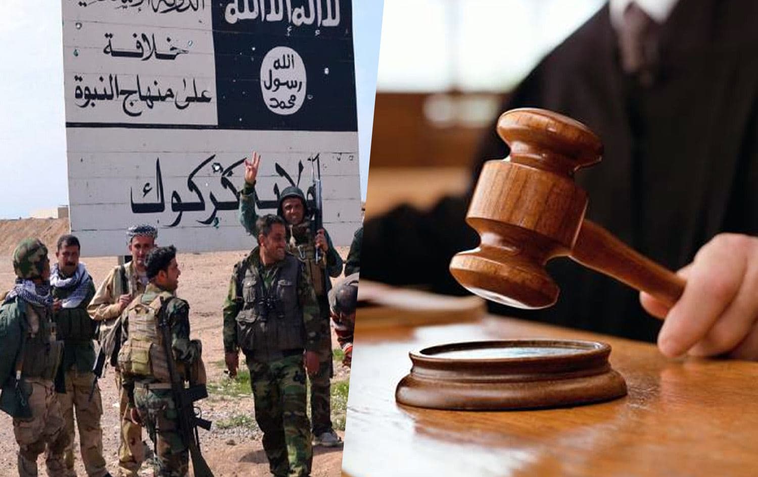 From left: Peshmerga fighters stand next to an ISIS sign in Kirkuk on March 9, 2015, and a file photo of court. Photos: AFP