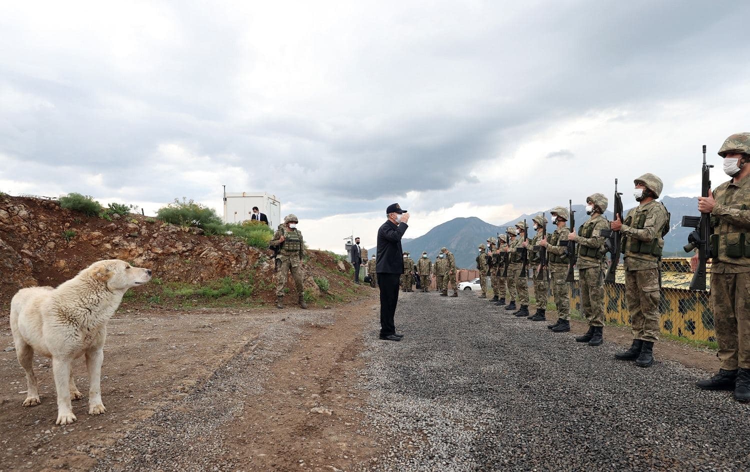 Turkish Defence Minister Hulusi Akar (centre) inspects troops at a base in the Kurdistan Region on May 1, 2021. Photo: handout/Turkish defense ministry