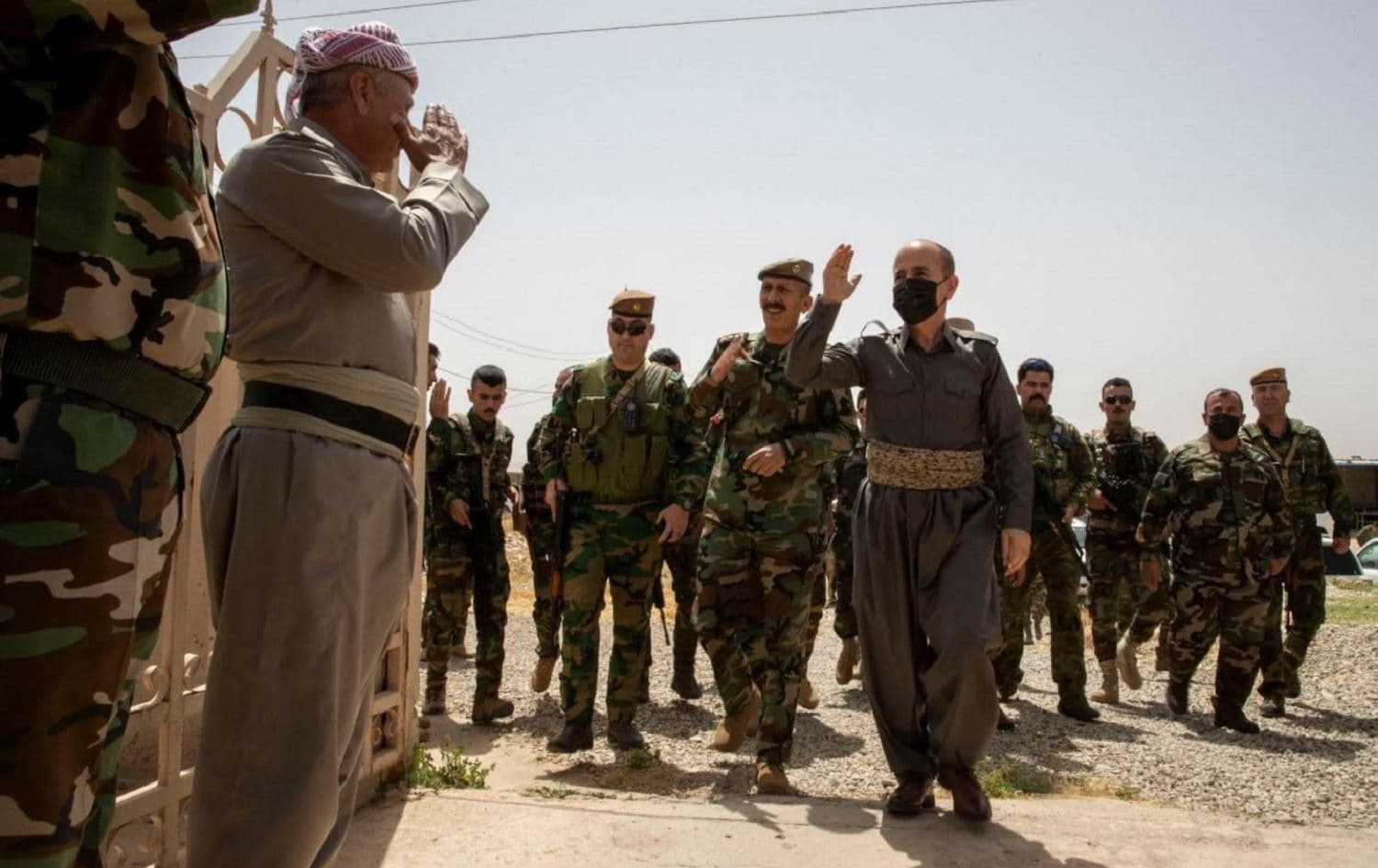 Peshmerga Minister Shorsh Ismail greets Kurdish soldiers in eastern Nineveh province on May 13, 2021. Photo: Handout/Peshmerga ministry
