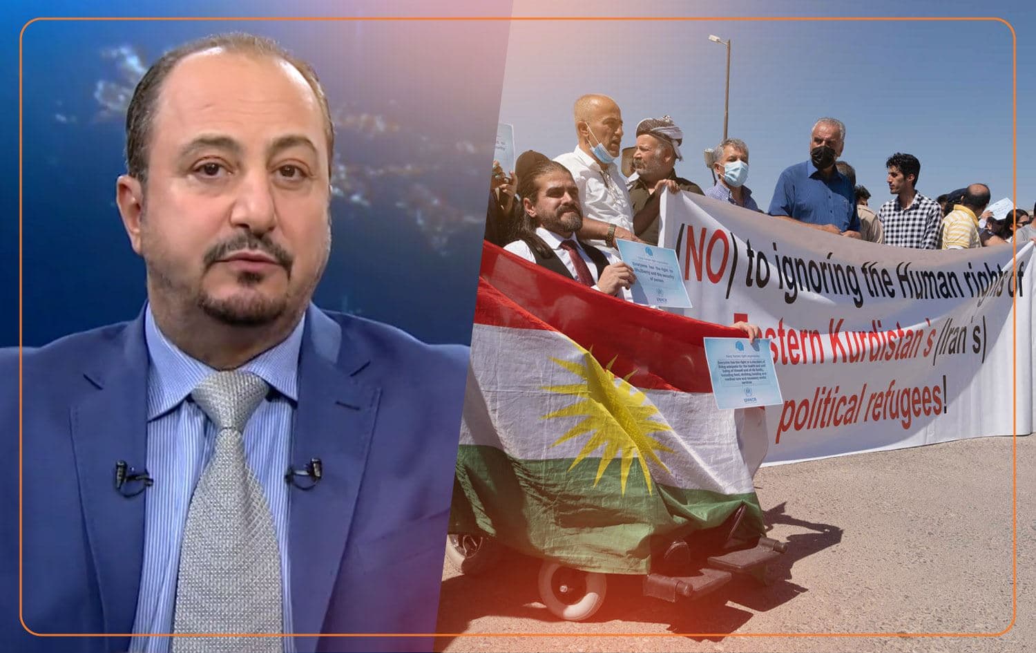 (Left) UNHCR spokesperson Firas al-Khateeb. Photo: Rudaw (Right) Protestors outside UN building on May 20, 2021. Photo: Bilind T. Abdullah