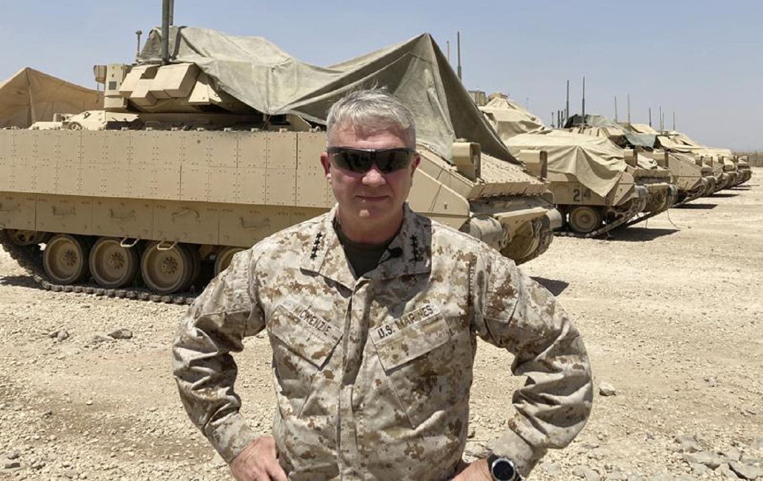 Marine Gen. Frank McKenzie speaks to media after arriving in Syria, May 21, 2021. Photo: AP/Lolita C. Baldor
