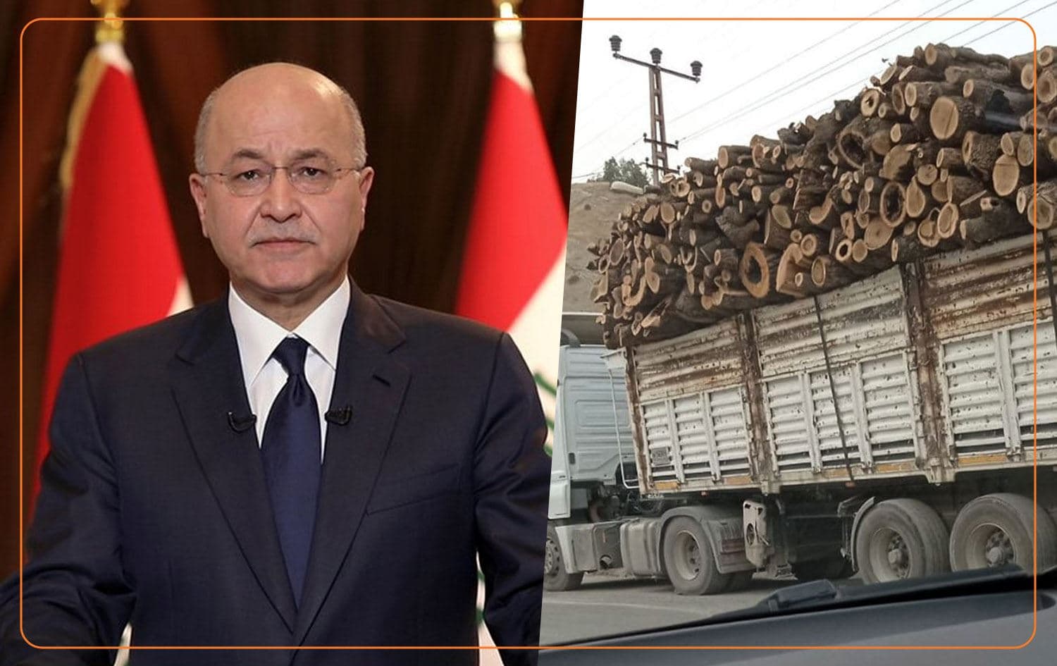 From left: file photo of Iraqi president Barham Salih, and truck filled with cut-down trees from the Kurdistan Region. Photos: Salih’s office and submitted.