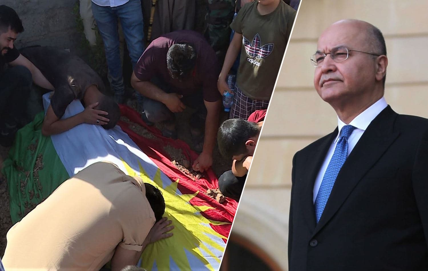 From left: The funeral of a Peshmerga fighter killed in an attack on June 5, 2021, Iraqi president Barham Salih. Photo: Rudaw/AFP 