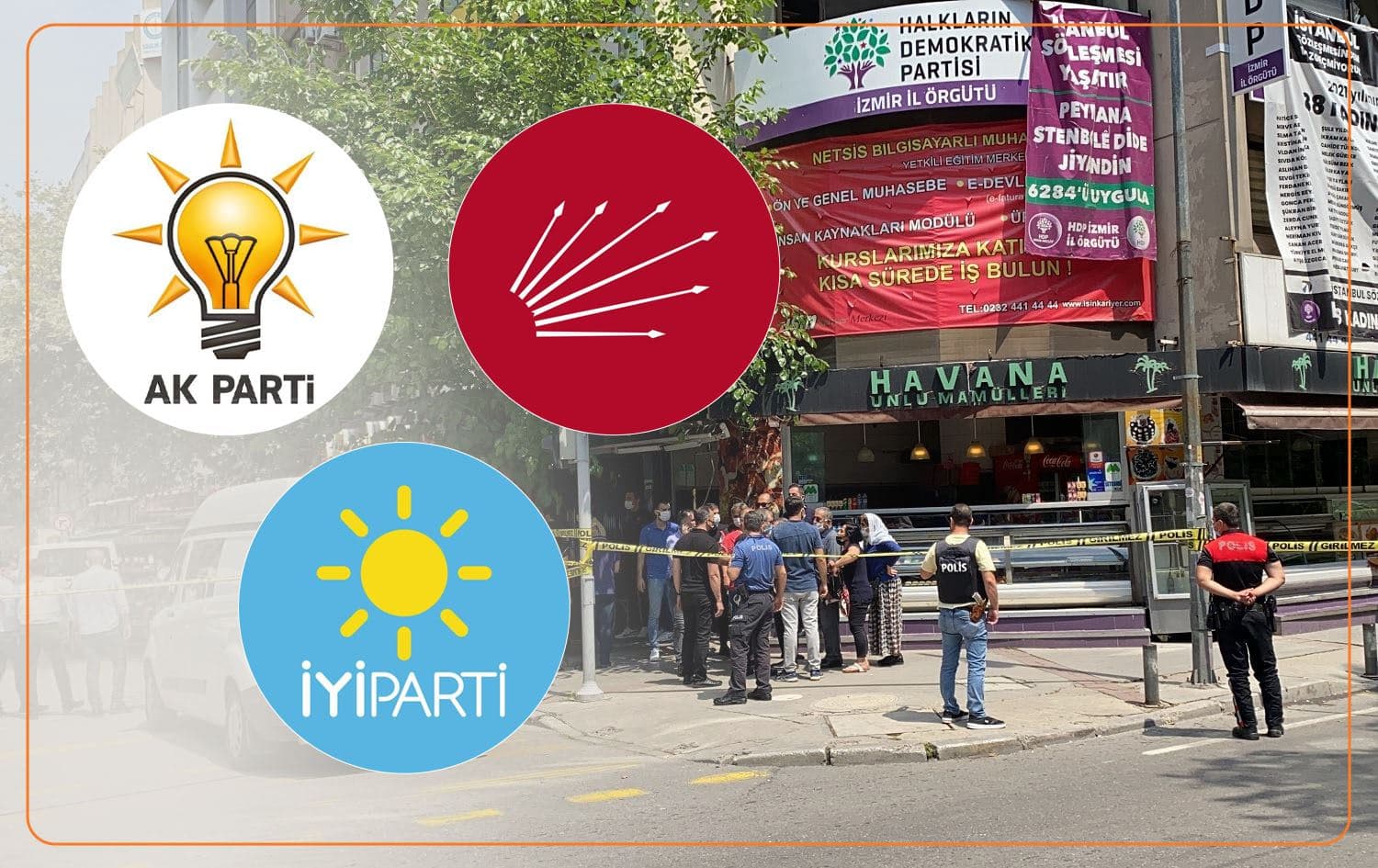 From left: logos of AKP, CHP and IYI Party and the HDP building in Izmir after the attack. Photo: AA. Graphic: Ahmed Bahram/Rudaw