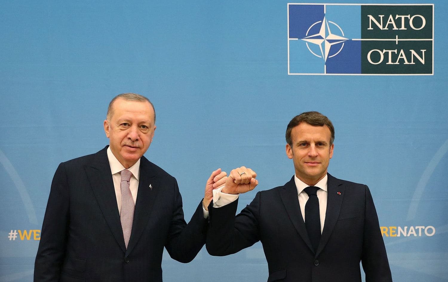 Turkish President Recep Tayyip Erdogan (left) and France's Emmanuel Macron (right) met on the sidelines of the NATO summit in Brussels on June 14, 2021. Photo: handout/Turkish president's press office/AFP