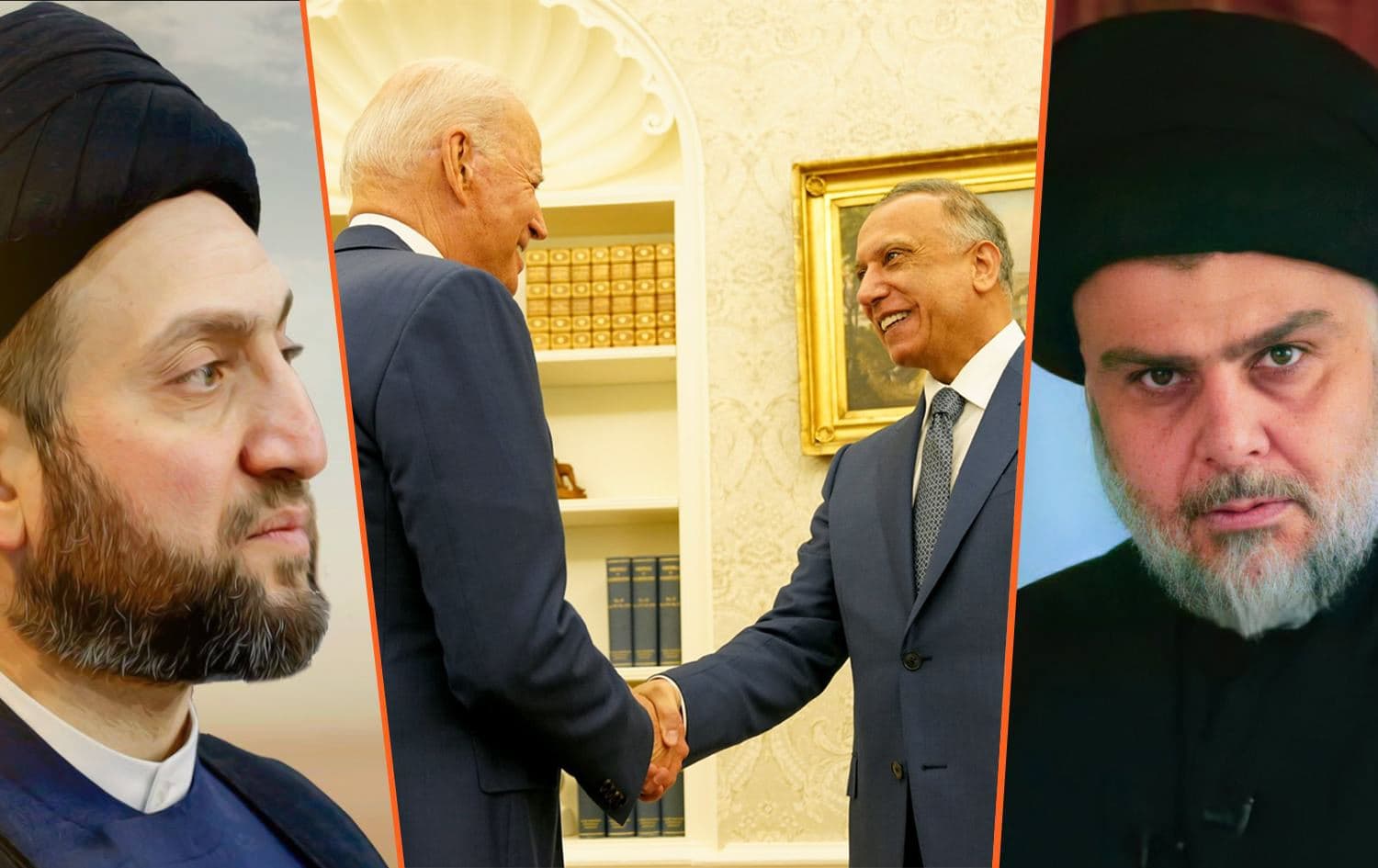 From left: Ammar al-Hakim, US President Joe Biden and Iraqi PM Mustafa al-Kadhimi, and Muqtada al-Sadr. Photos: Twitter
