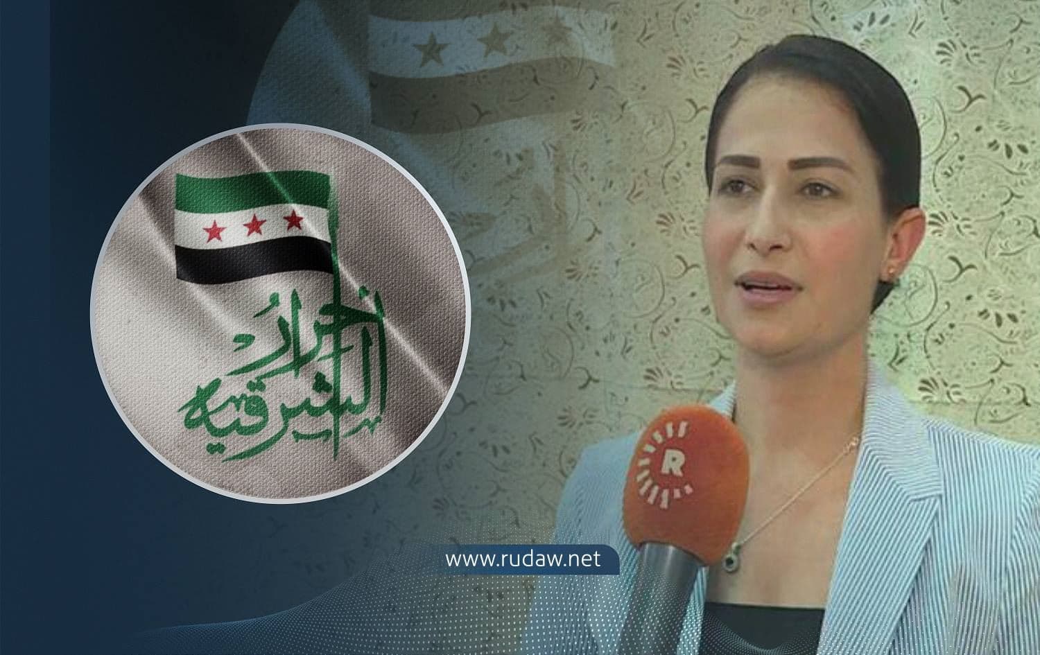 Logo Ahrar al-Sharqiya militia (left), sanctioned on July 28, 2021 for crimes against civilians, including the murder of Kurdish politician Hevrin Khalaf (right) in 2019. Graphic: Rudaw