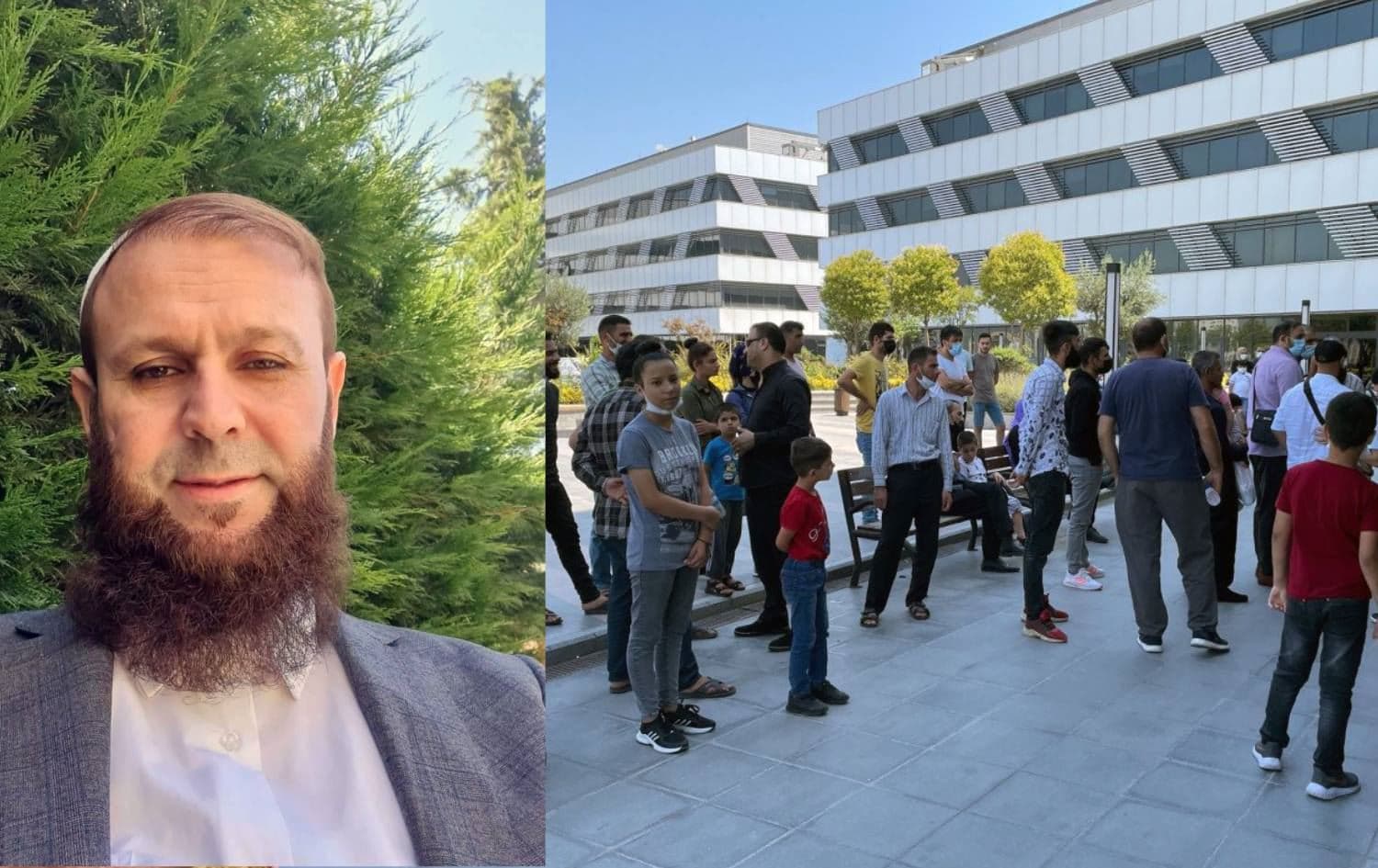 From left: file photos of Mala Ali Kurdistani and people gathering in front of his Istanbul office. Credit: Kurdistani and DHA
