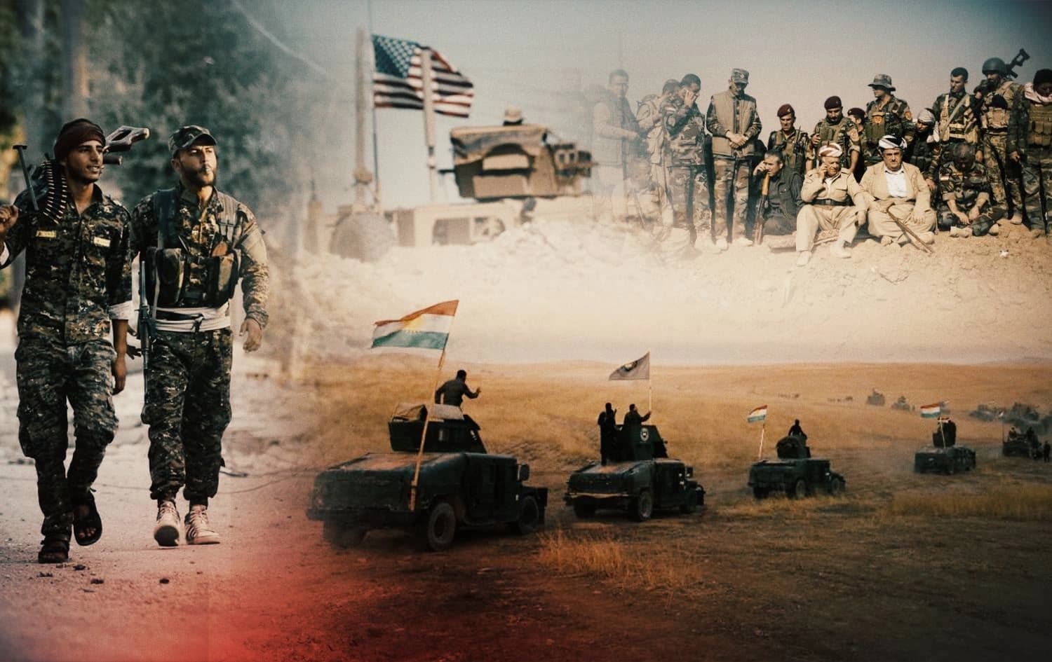 Images of the Peshmerga, Syrian Democratic Forces (SDF), and US troops. Photos: AP; Graphic: Rudaw