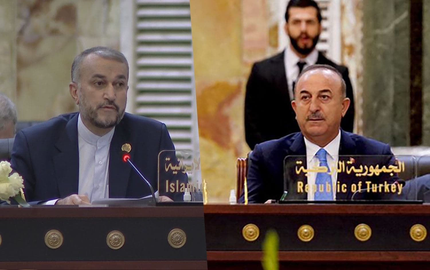The foreign ministers of Iran, Hossein Amir-Abdollahian (left), and Turkey, Mevlut Cavusoglu (right), pictured at a regional summit in Baghdad on August 28, 2021. Photos: AFP