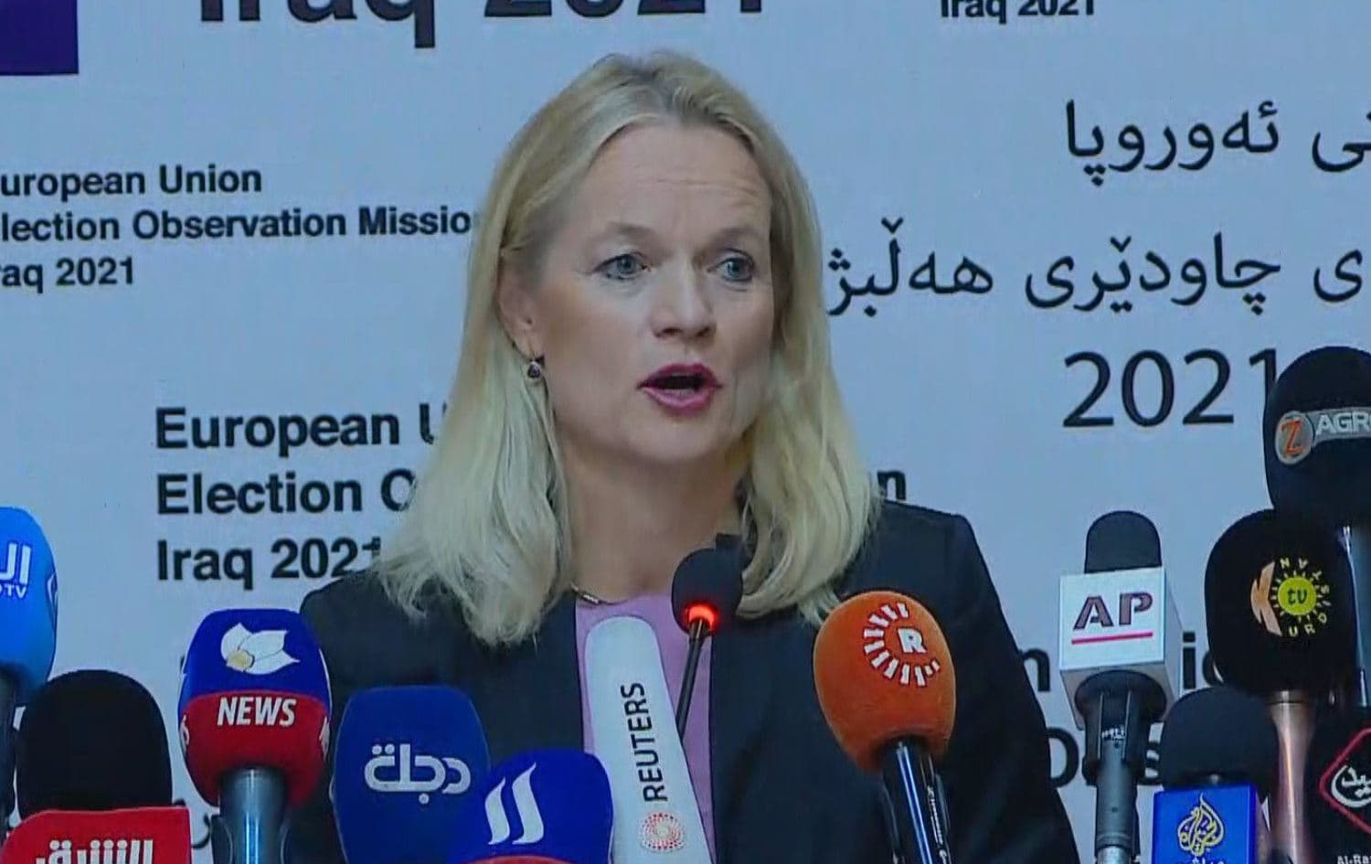EU election observation mission chief, Viola von Cramon in a press conference in Baghdad on September 16, 2021. Photo: Rudaw/screenshot