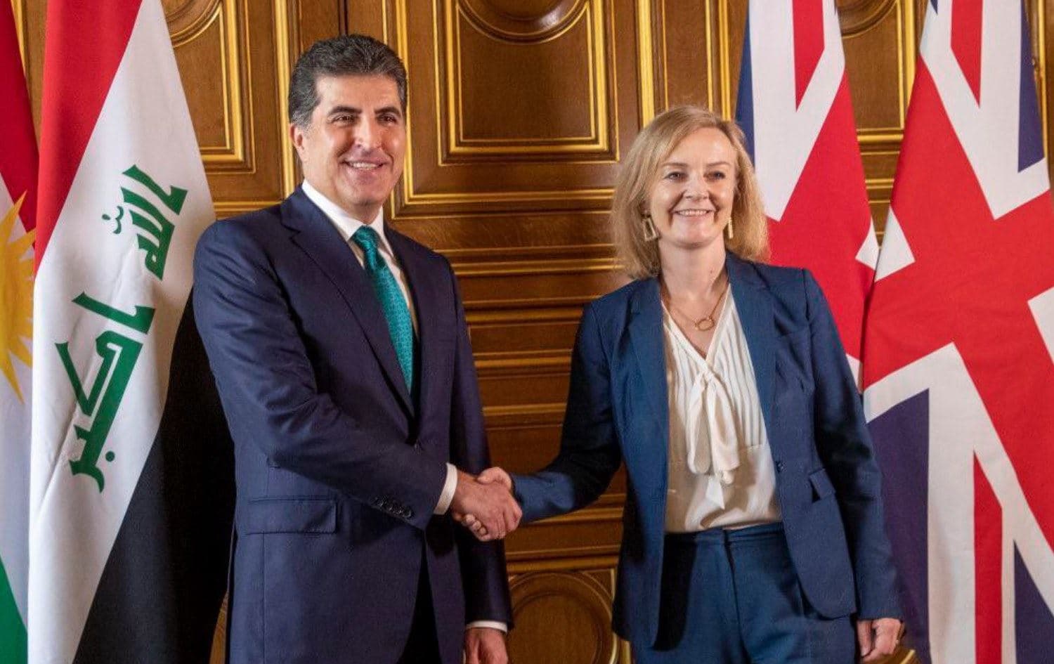 UK’s newly-elected foreign secretary Liz Truss received Kurdistan Region President Nechirvan Barzani in London on September 16, 2021. Photo: Barzani's office