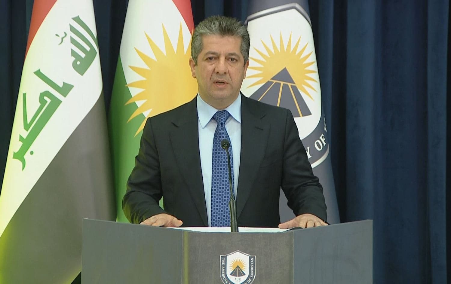 Prime Minister Masrour Barzani speaks at an AUK conference on education in Duhok on September 19, 2021. Photo: Rudaw