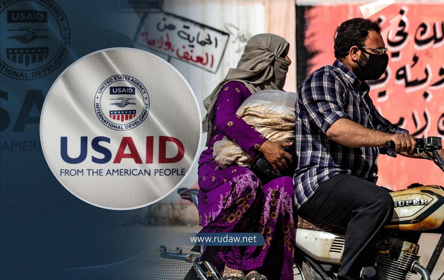 Left: Logo of USAID; Right: Syrians pictured in a market in Qamishli on April 30, 2021 during the coronavirus pandemic. Photo: Delil Souleiman/AFP