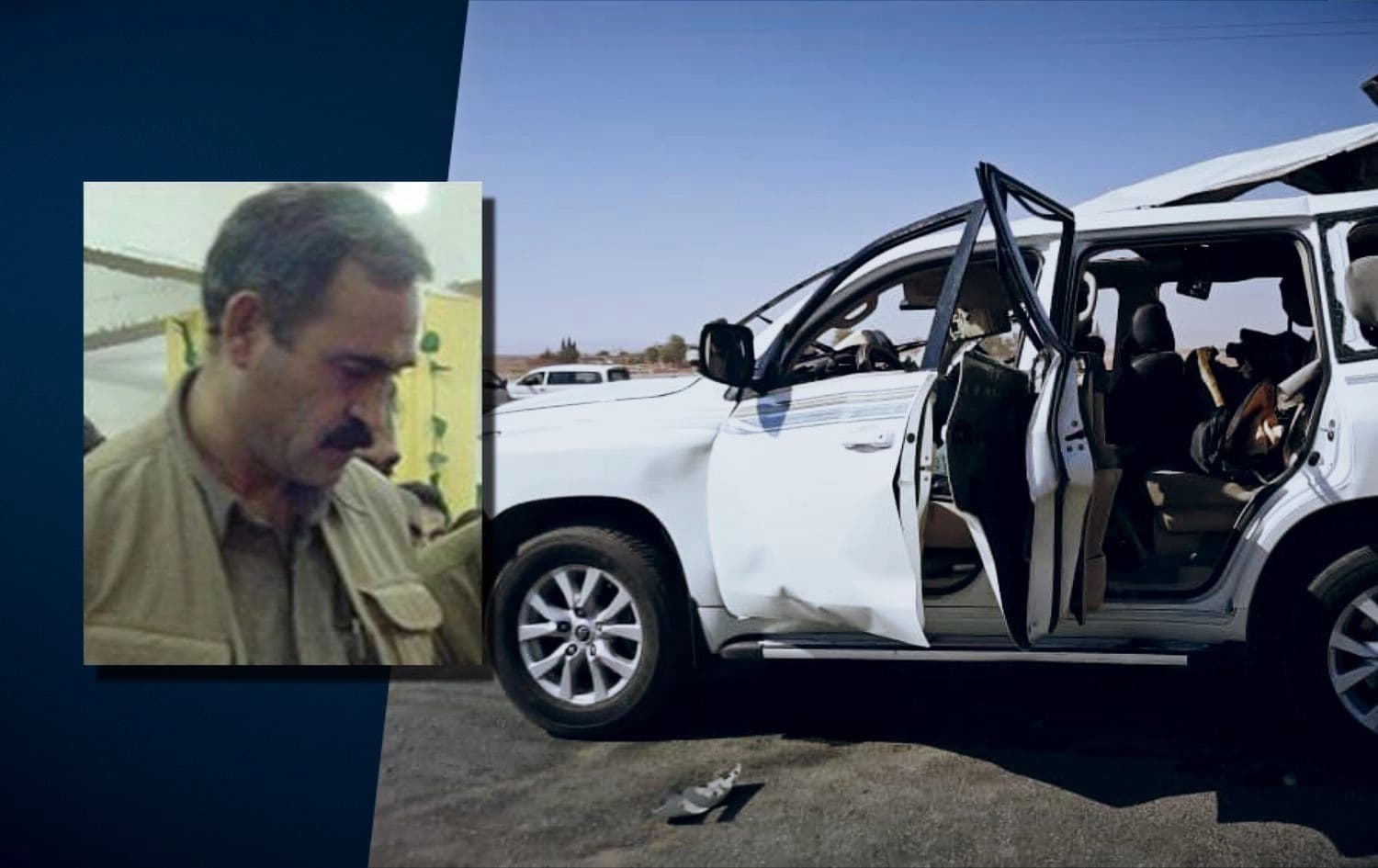 Left: Engin Karaaslan, an alleged PKK member of Turkey’s most-wanted list. Photo: Turkish Interior Ministry. Right: The wreckage of a vehicle reportedly targeted in Rojava. Photo: Anadolu Agency