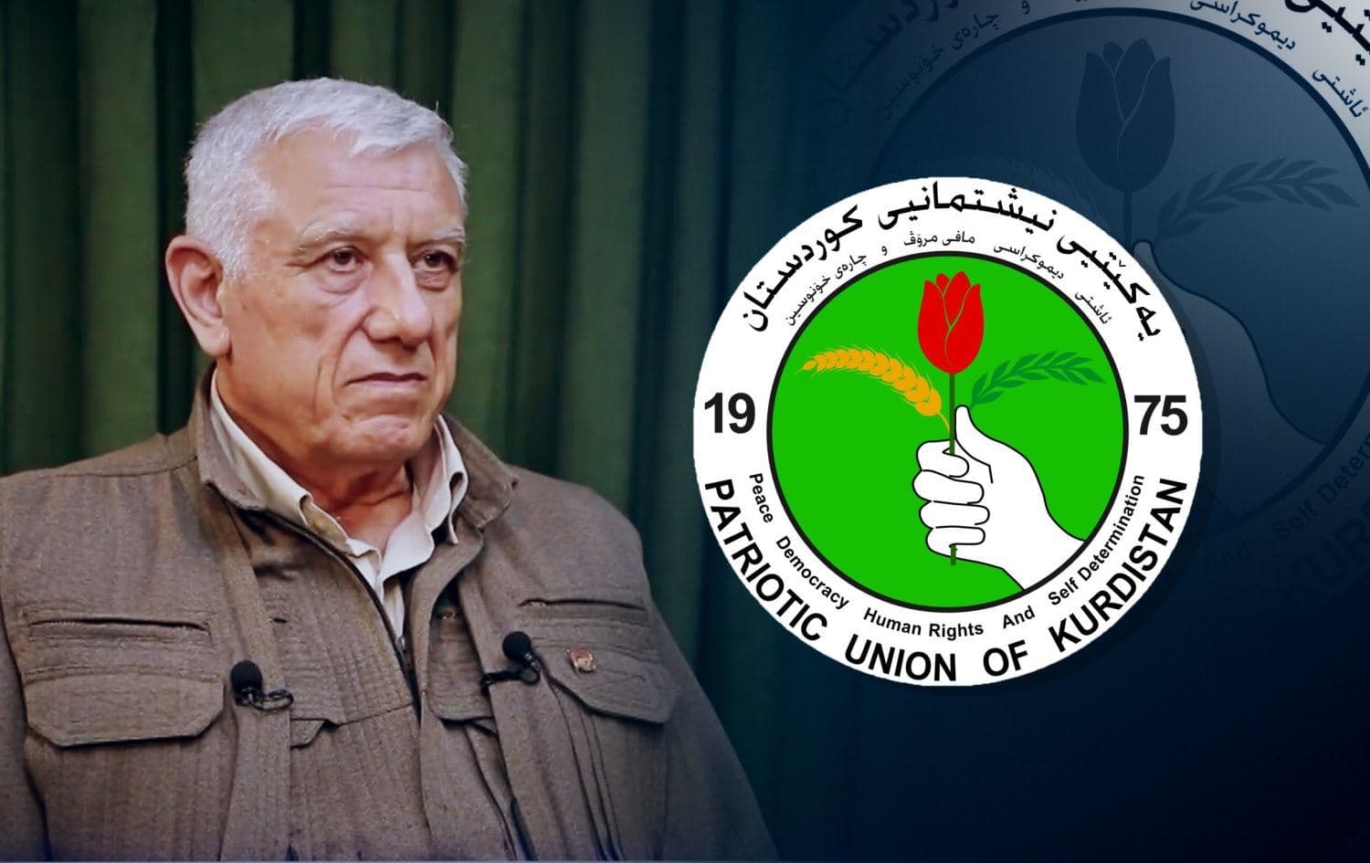 Left: Cemil Bayik, member of the board of directors of the Kurdistan Communities Union (KCK), an umbrella group that includes the PKK, speaks to Sterk TV in an interview aired on September 29, 2021. Photo: Sterk TV. Right: Logo of the PUK. Graphic: Rudaw