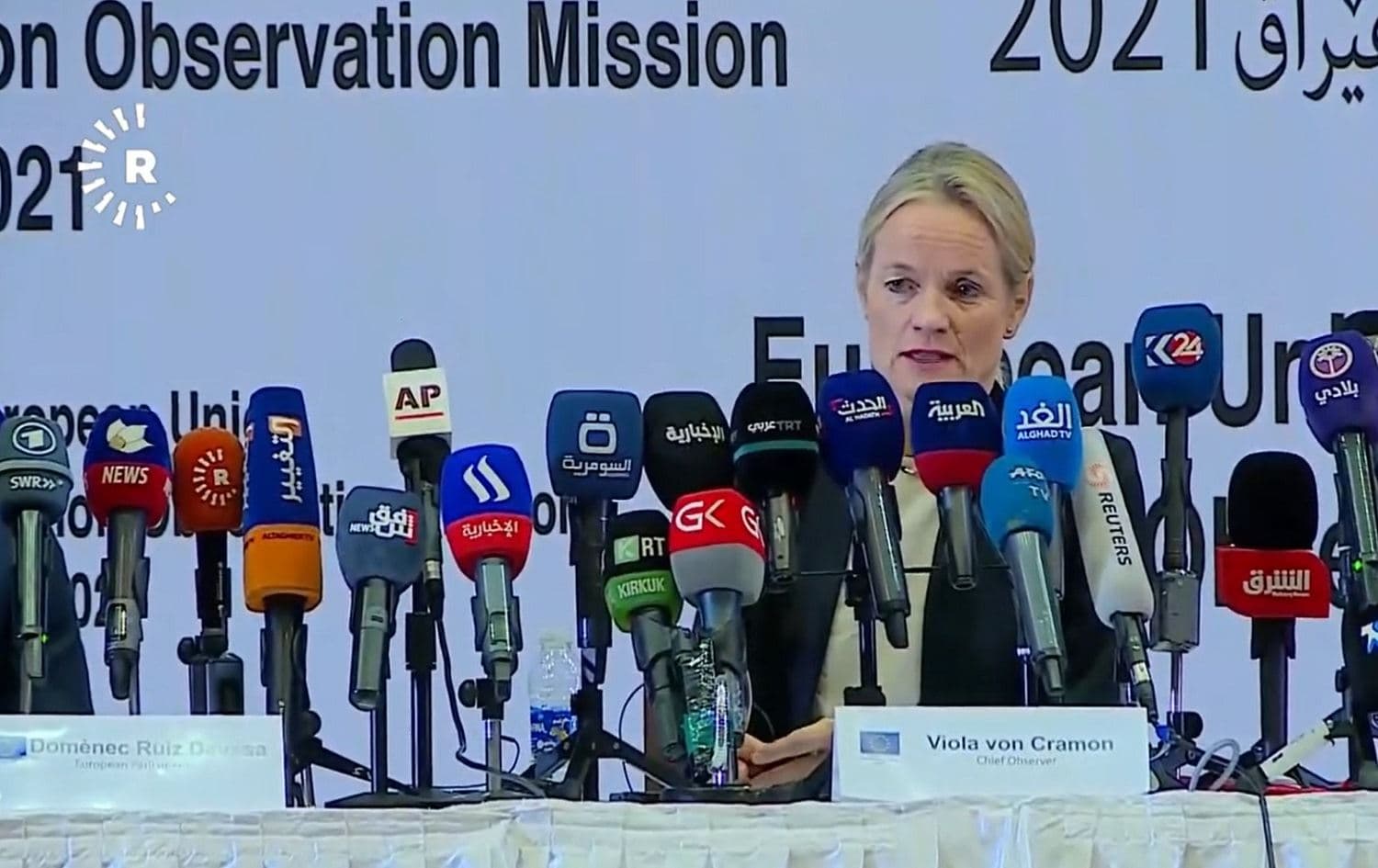 Head of the EU election monitoring mission Viola von Cramon speaks to the media in Baghdad on October 12, 2021. Photo: Rudaw/screengrab