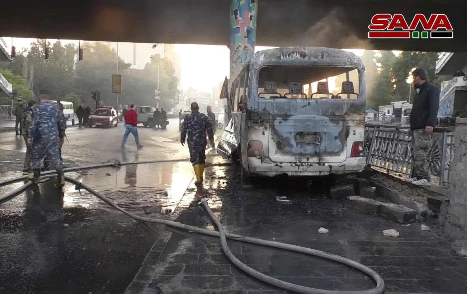 Thirteen people were killed in a bomb attack on an army bus in Damascus, Syria on October 20, 2021. Photo: SANA