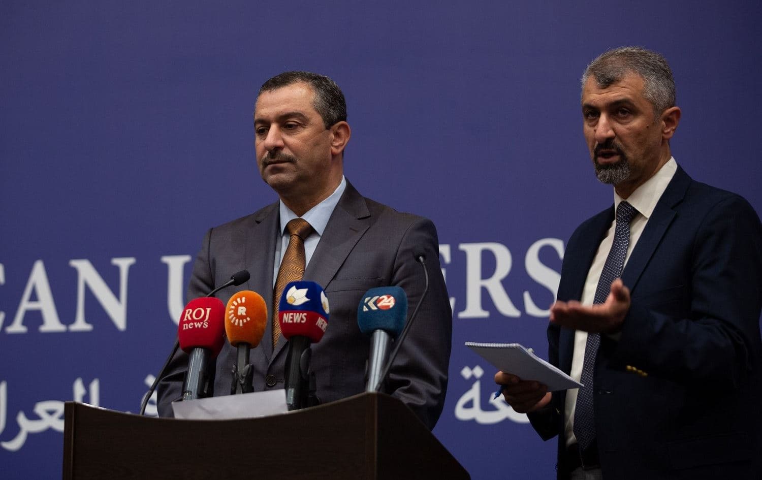 Sulaimani Governor Haval Abubakir speaks at the launch of the Innovation Awards at the American University of Iraq, Sulaimani on November 1, 2021. Photo: handout/AUIS