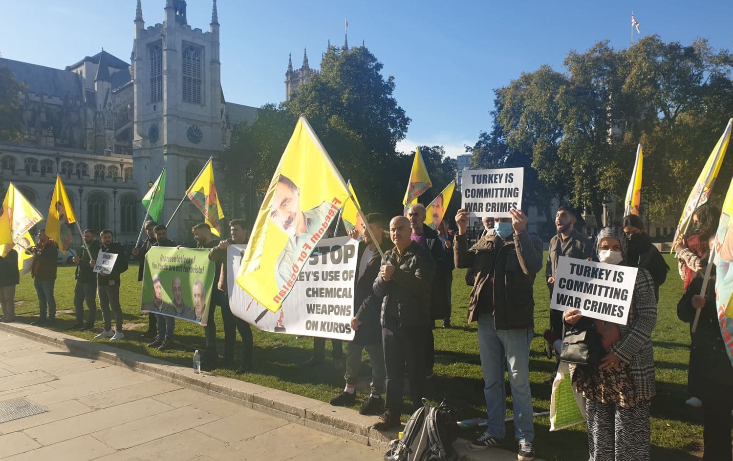 People protest outside the UK parliament during a session to debate the Kurdistan Workers' Party (PKK) and the situation of Kurds in Turkey, on November 2, 2021. Photo: submitted
