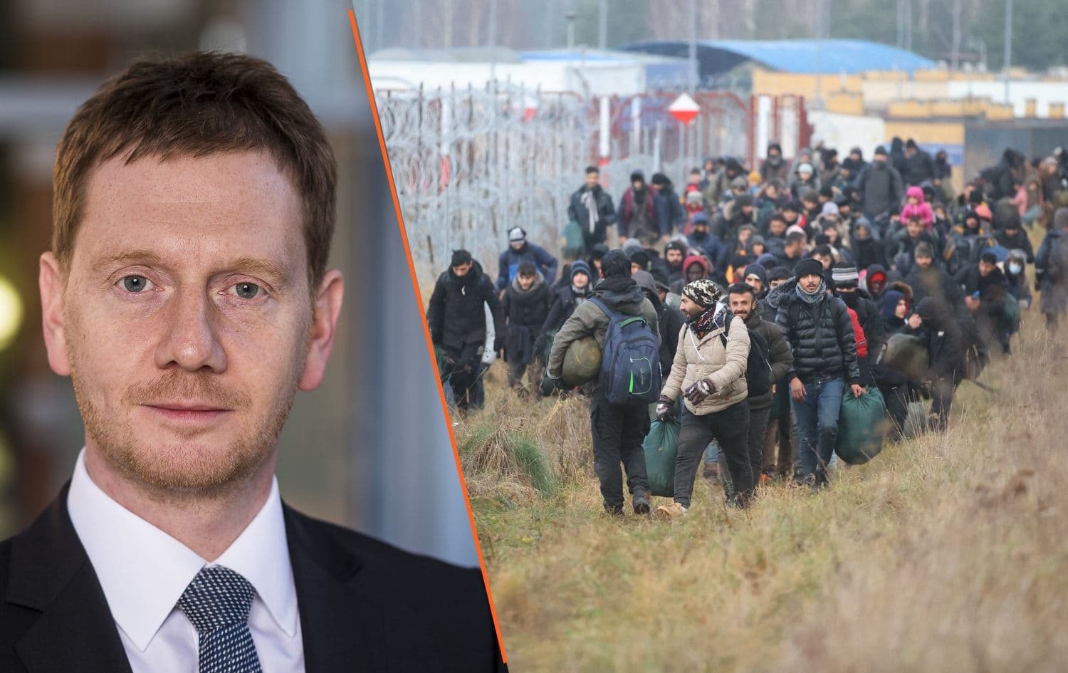 From left: Michael Kretschmer, Minister-President of Saxony, and a group of migrants on Belarus-Poland border on November 12, 2021. Photo: handout and AFP