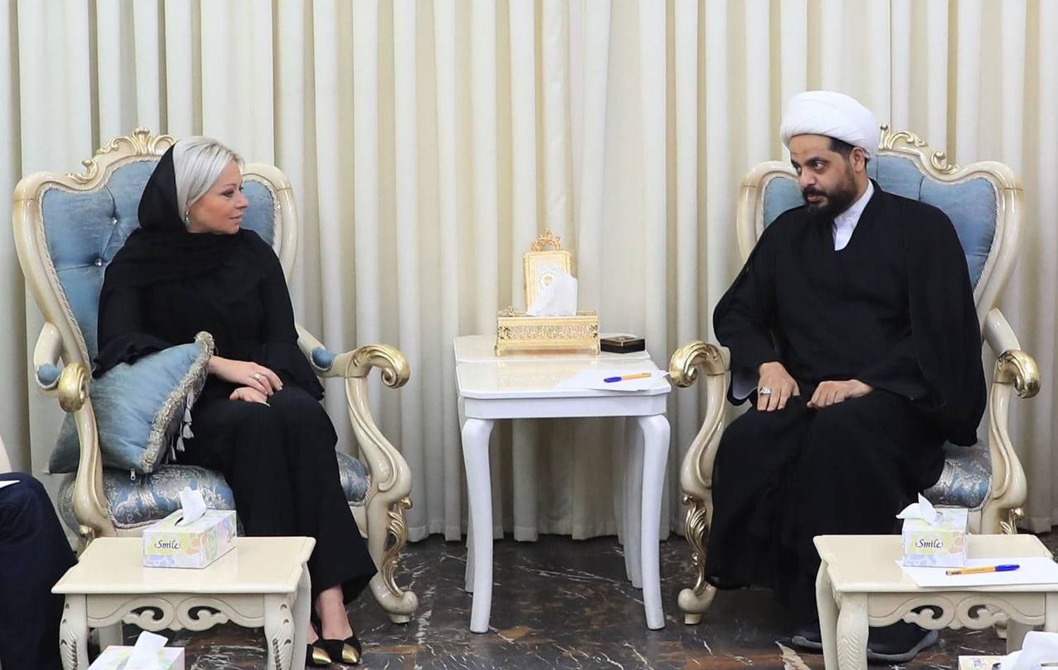 UNAMI chief Jeanine Hennis-Plasschaert (left) met with Qais al-Khazali, secretary-general of Asaib Ahl al-Haq, (right) in Baghdad on November 15, 2021. Photo: handout/Qais al-Khazali's office