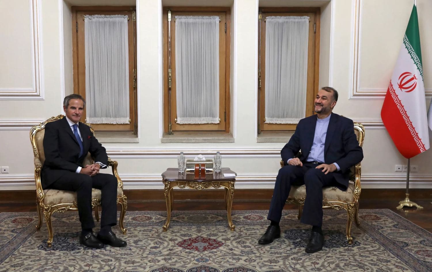 Head of IAEA Rafael Mariano Grossi, left, and Iranian Foreign Minister Hossein Amirabdollahian meet, in Tehran, Iran, on Tuesday, Nov. 23, 2021. Photo: AP