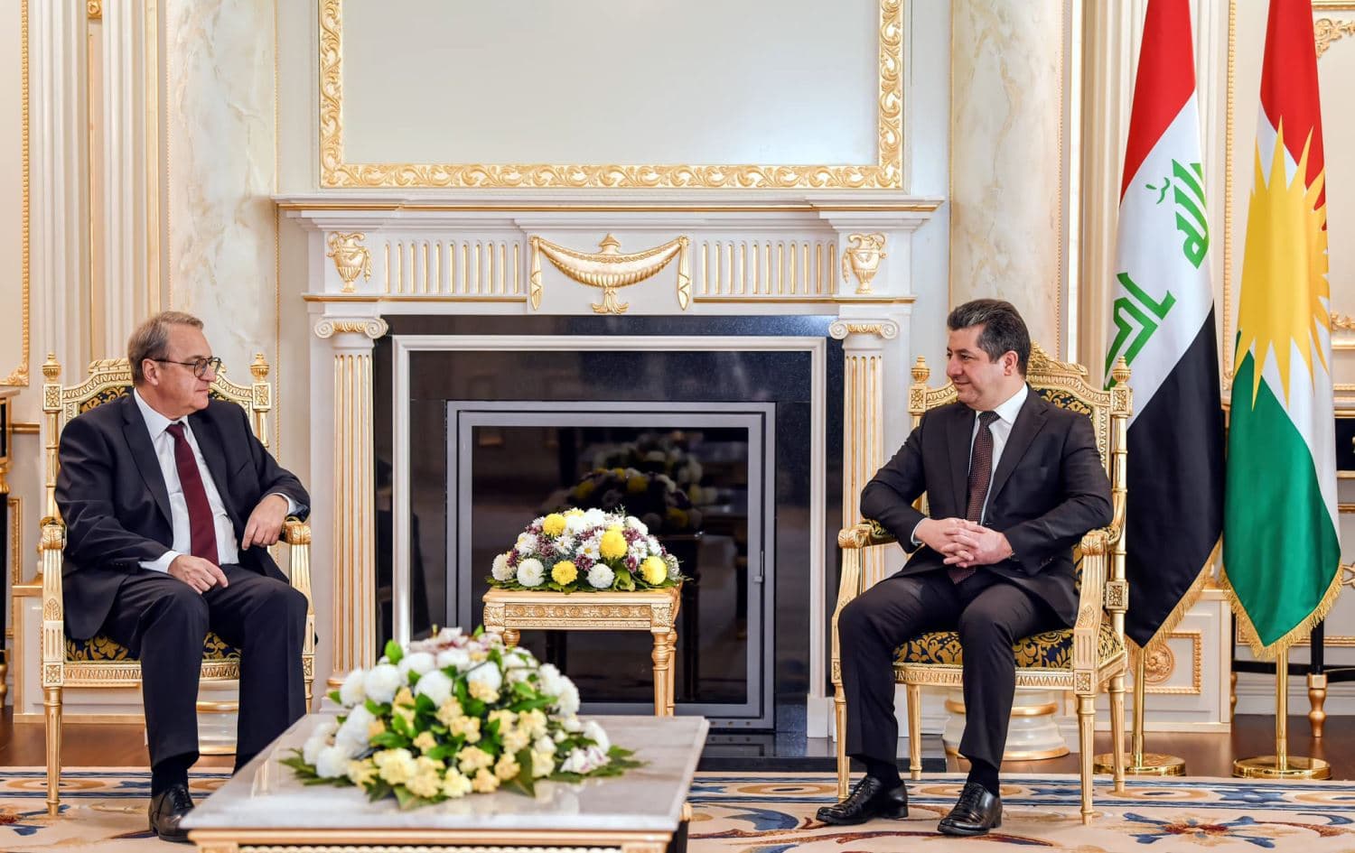 Russian presidential envoy Mikhail Bogdanov (left) and KRG PM Masrour Barzani meeting in Erbil. Date: December 1, 2021. Photo: handout